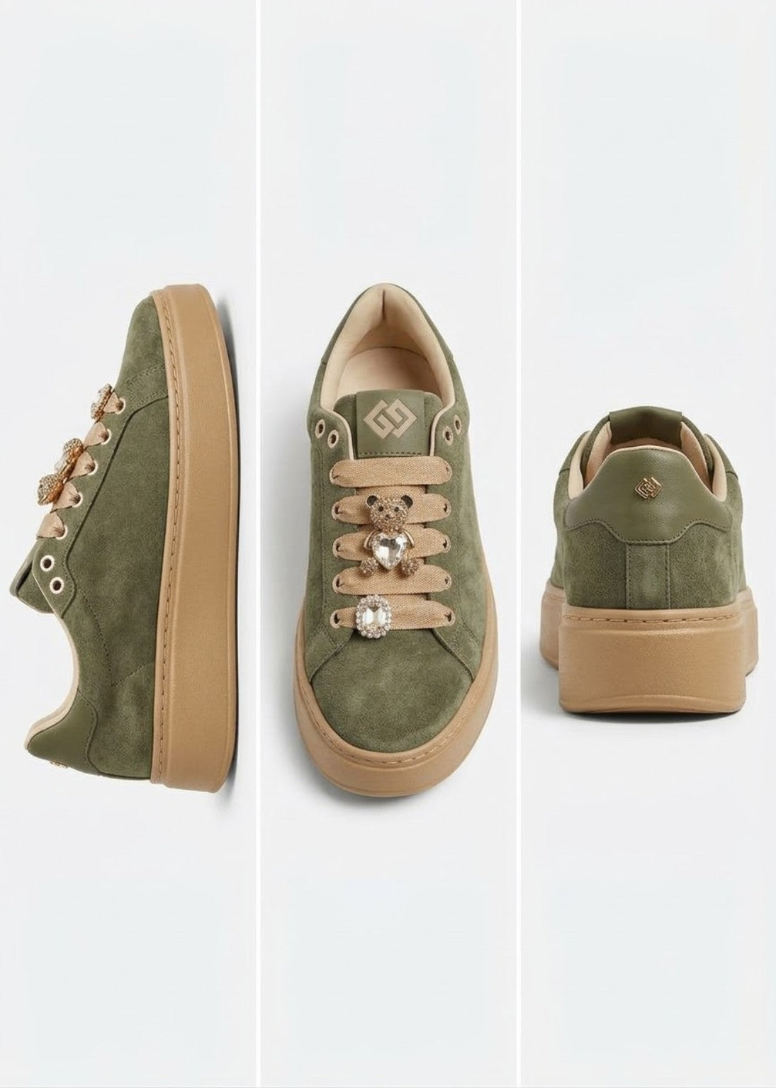 Sneaker Gold & Gold verde camoscio GB1009-3-1 vista laterale, frontale e posteriore