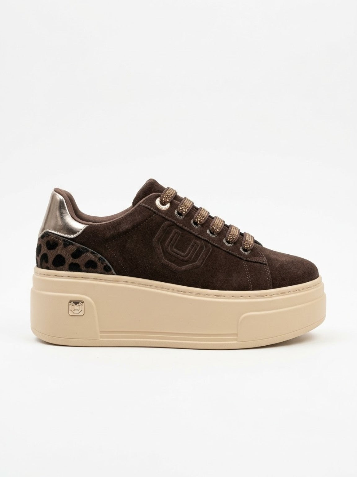 Vista laterale sneaker donna 4US Paciotti 4BV211 marrone con plateau e dettagli leopardati