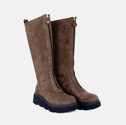 Stivale alto donna suede color khaki con cerniera