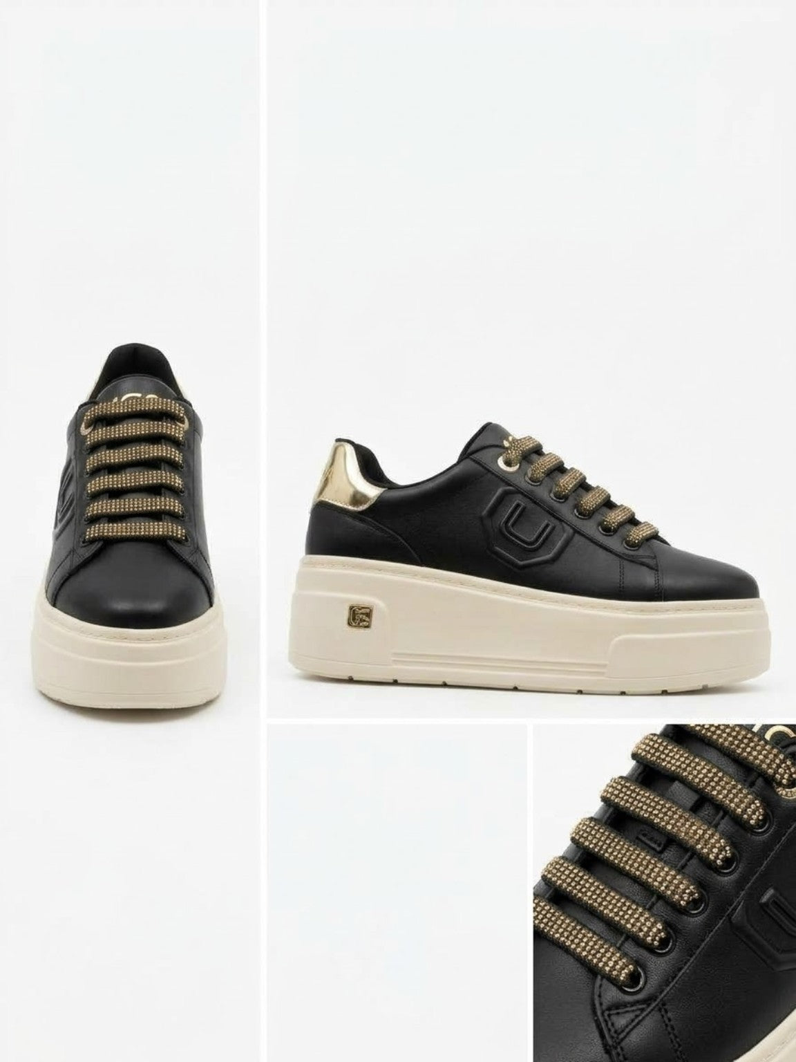 Sneaker donna 4US Paciotti 4BV211 Black vista frontale e dettagli dei lacci oro