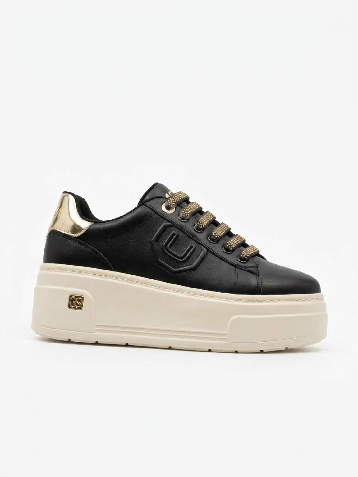 Sneaker donna 4US Paciotti 4BV211 Black vista laterale, nera con lacci oro e suola platform avorio