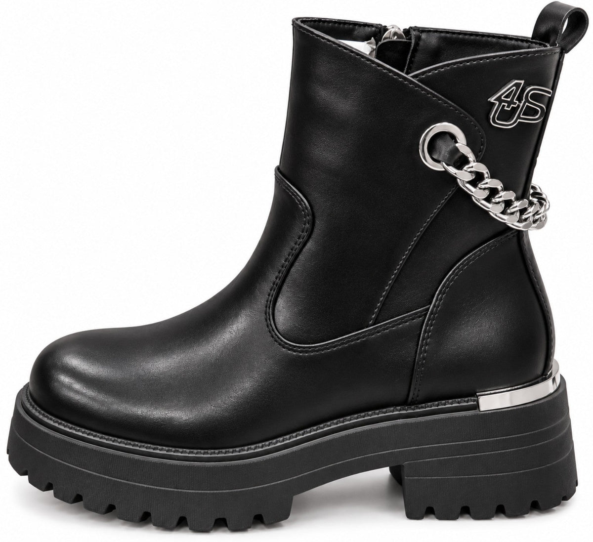 Stivaletto donna 4US 4BV237 Black con catena e accessori color argento, suola carrarmato, fondo bianco