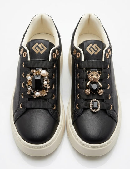 Sneaker donna Gold & Gold nera in pelle con applicazioni gioiello e suola avorio, codice GB1093-1