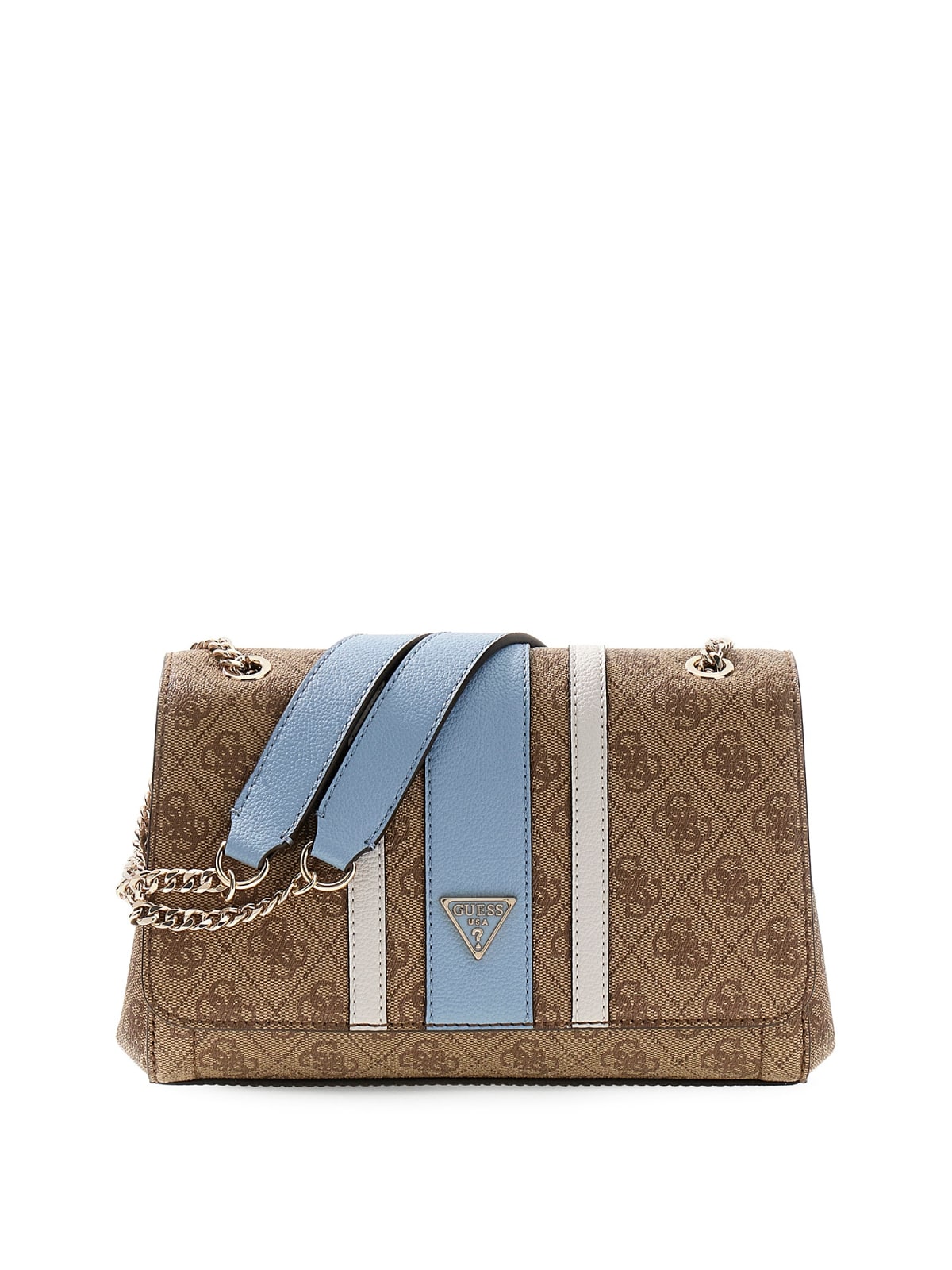 Borsa Guess HWBS 9167 2210 fantasia logata marrone con dettagli azzurri, vista frontale