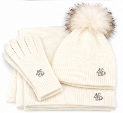 Completo donna 4US in lana bianco panna, tre pezzi con cappellino pon pon, sciarpa e guanti