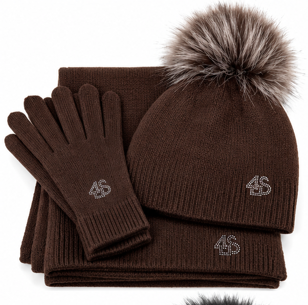 Completo donna 4US in lana marrone, tre pezzi con cappellino pon pon, sciarpa e guanti