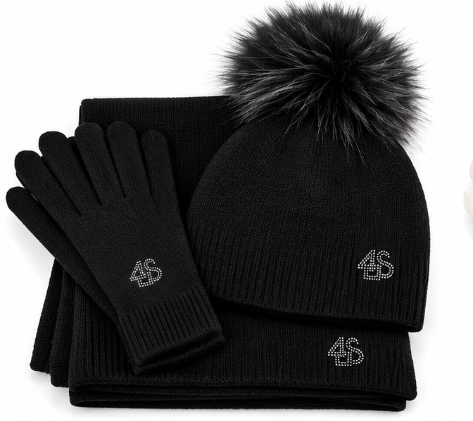 Completo donna 4US in lana nero, tre pezzi con cappellino pon pon, sciarpa e guanti