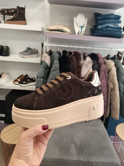 Sneaker donna 4US Paciotti 4BV211 marrone in camoscio con plateau e dettagli oro