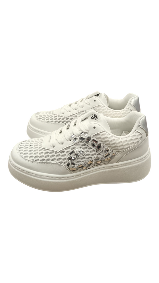 Sneakers microrete e strass bianche
