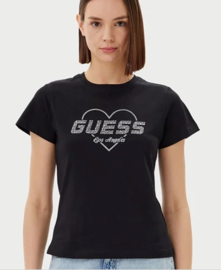 T-shirt maniche corte con logo strass e cuore argento