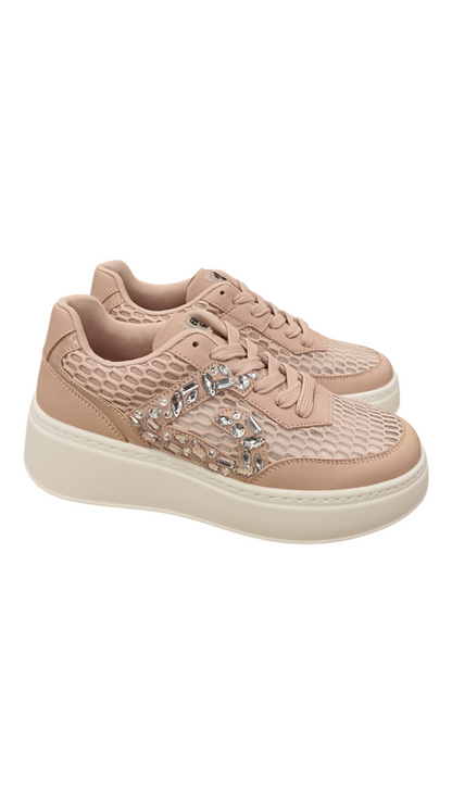 Sneakers effetto rete con strass rosa