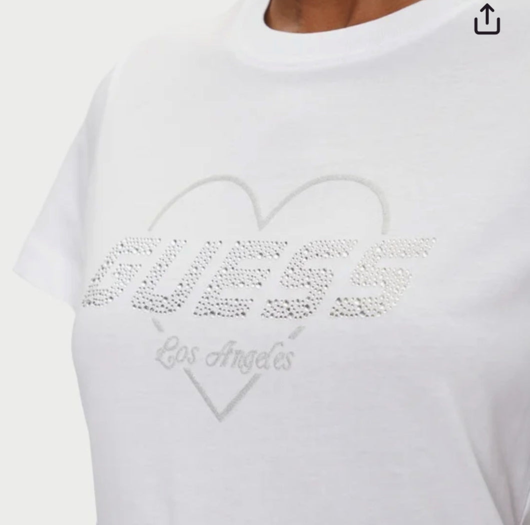T-shirt maniche corte con logo strass e cuore argento