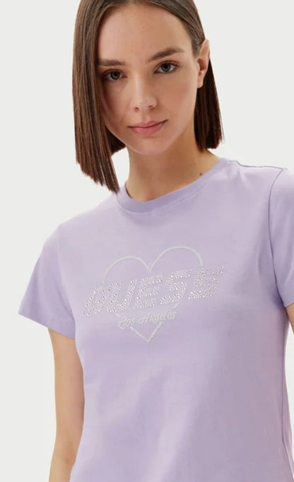 T-shirt maniche corte con logo strass e cuore argento