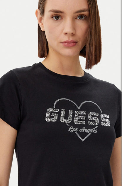 T-shirt maniche corte con logo strass e cuore argento