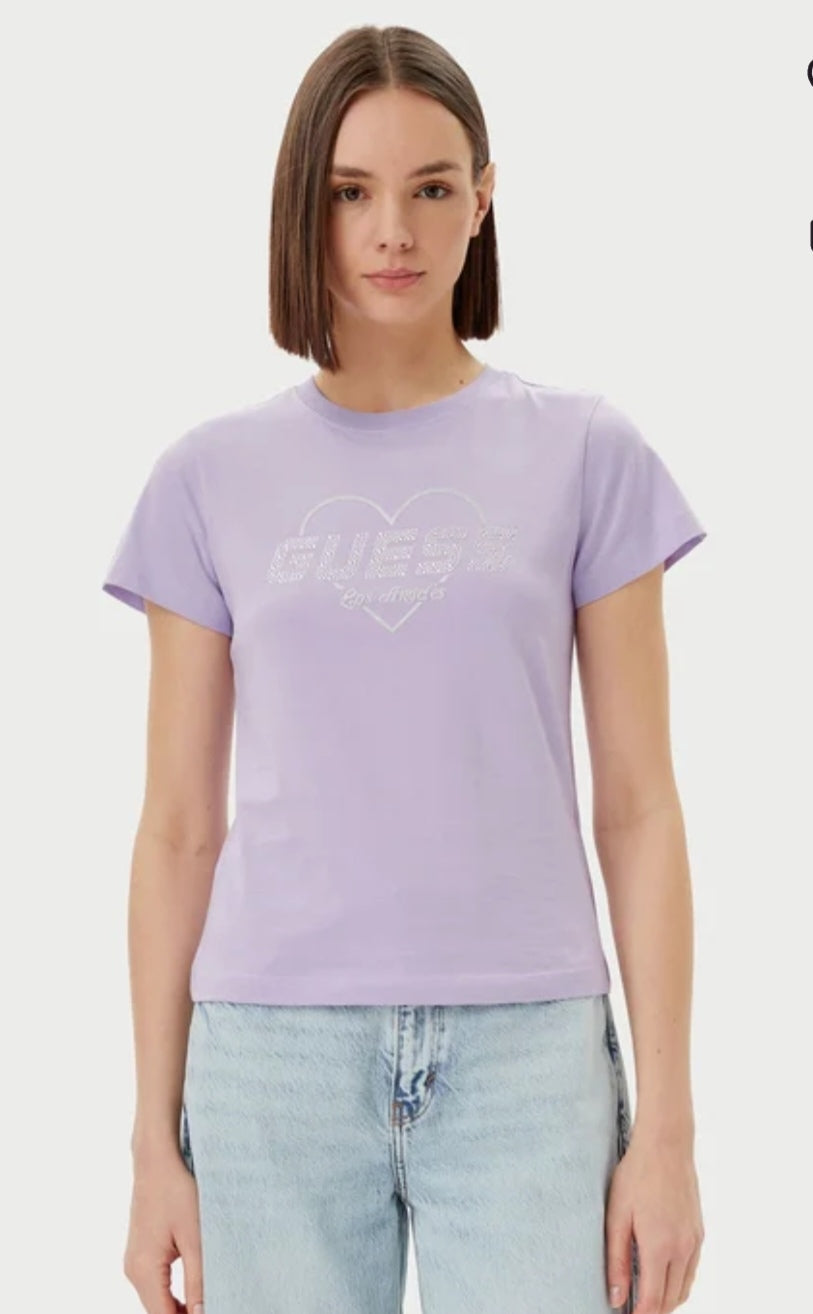 T-shirt maniche corte con logo strass e cuore argento
