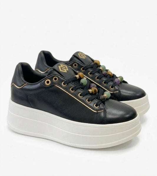 Sneaker Golden Gold donna nera con perline colorate e suola platform bianca